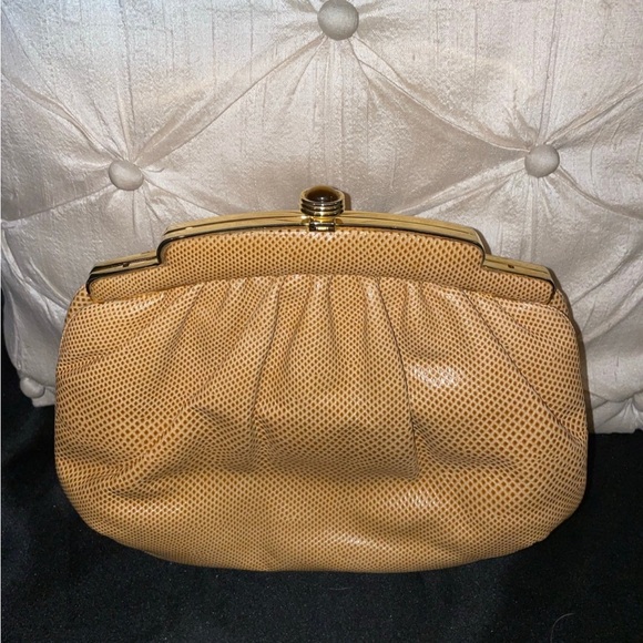Judith Lieber camel color reptile skin clutch - Picture 5 of 6